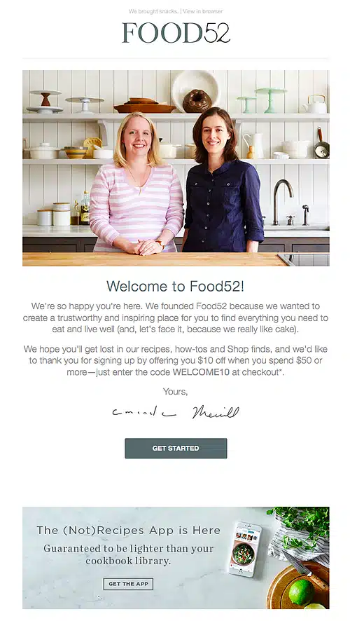 Food52 welcome email with a gray CTA to get started